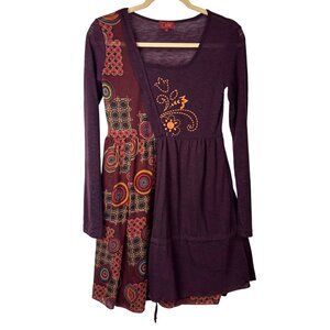 Coline S Bohemian Patchwork Style Long Sleeve Dress Burgundy Boho Artsy Funky